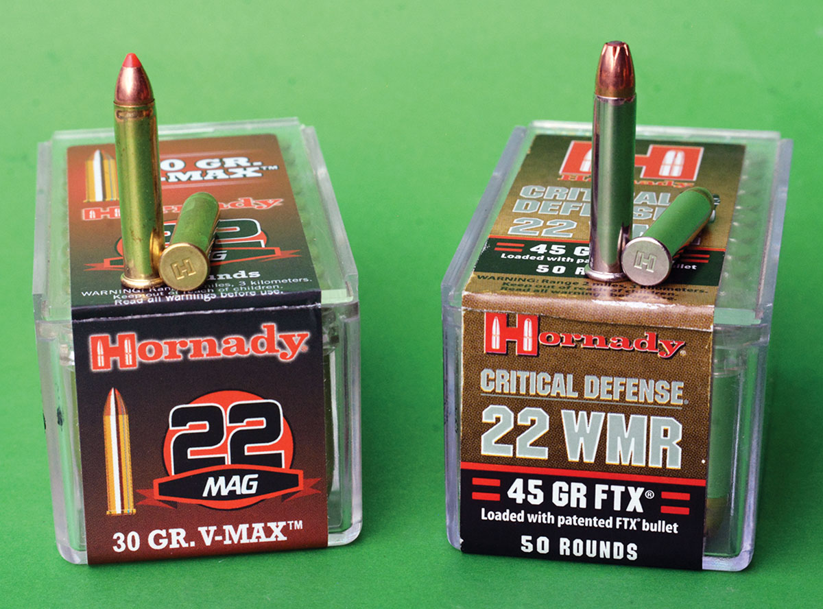Hornady offers purpose specific 22 Magnum loads that include the 30-grain V-MAX spitzer bullet at 2,200 fps and the Critical Defense FTX bullet at 1,700 fps.